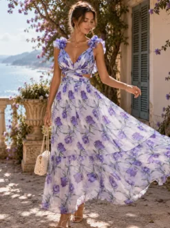 Robe de vacances à imprimé floral manches à volants dos nu et nœud à étages