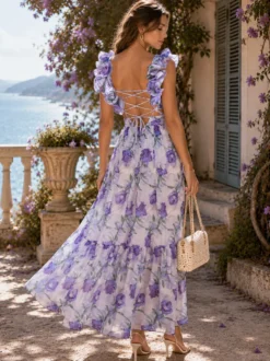 Robe de vacances à imprimé floral manches à volants dos nu et nœud à étages