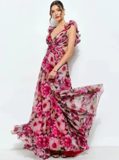 Robe de vacances à imprimé floral manches à volants dos nu et nœud à étages