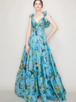 Robe de vacances à imprimé floral manches à volants dos nu et nœud à étages