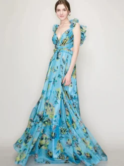 Robe de vacances à imprimé floral manches à volants dos nu et nœud à étages