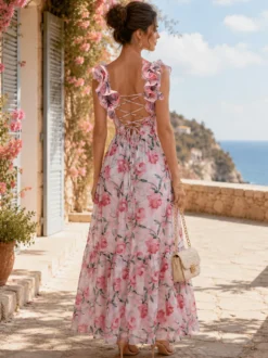 Robe de vacances à imprimé floral manches à volants dos nu et nœud à étages