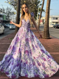Robe de vacances à imprimé floral manches à volants dos nu et nœud à étages