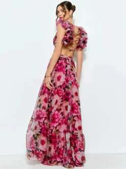 Robe de vacances à imprimé floral manches à volants dos nu et nœud à étages