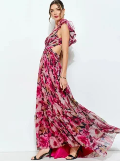 Robe de vacances à imprimé floral manches à volants dos nu et nœud à étages