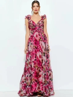 Robe de vacances à imprimé floral manches à volants dos nu et nœud à étages
