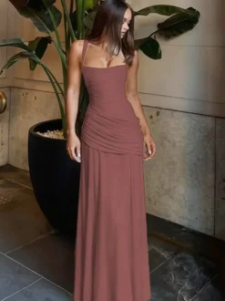 Robe de vacances jaune crème à fronces robe maxi élégante pour femme style soirée