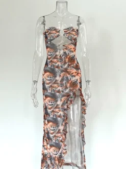 Robe de vacances maxi asymétrique sans manches et bustier sexy à imprimé léopard