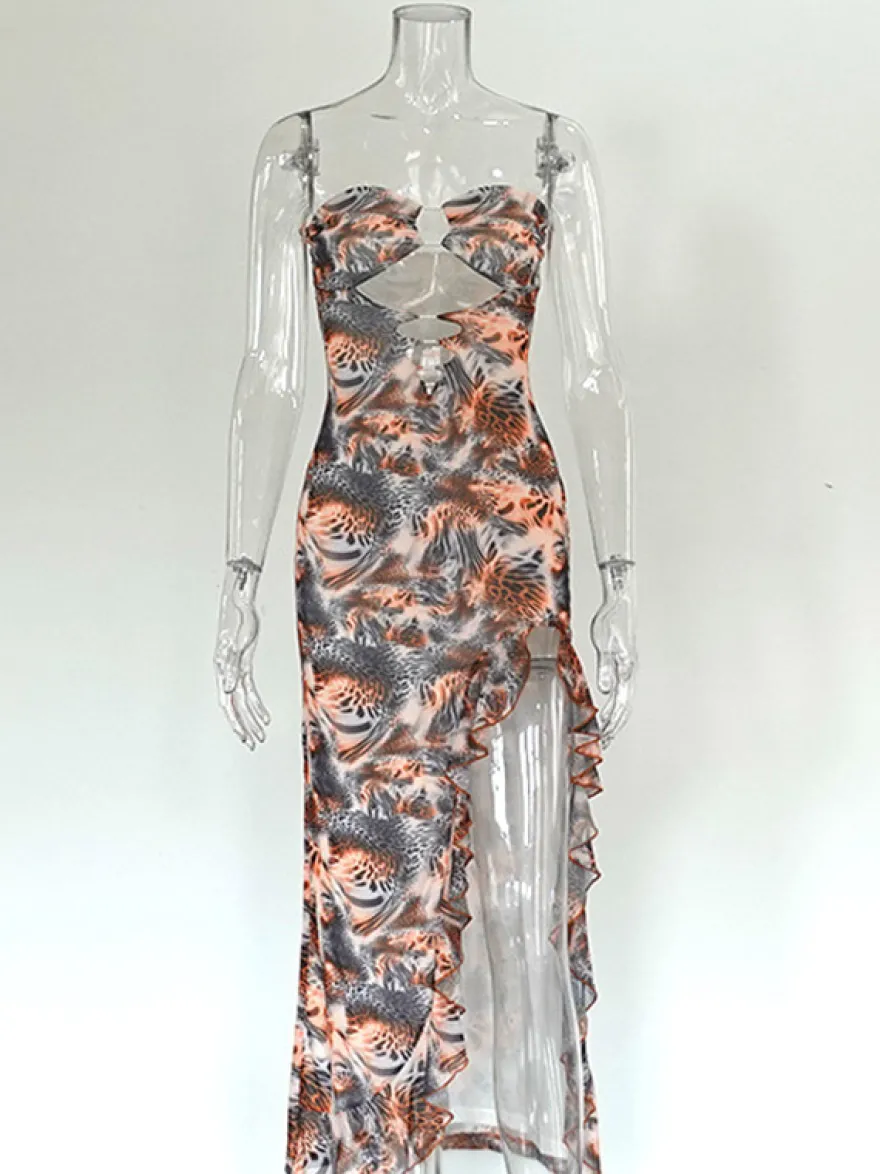 Robe de vacances maxi asymétrique sans manches et bustier sexy à imprimé léopard