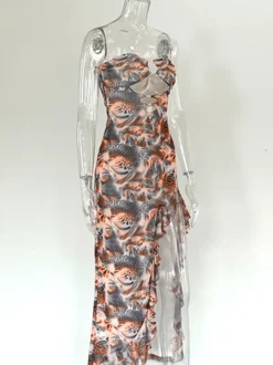 Robe de vacances maxi asymétrique sans manches et bustier sexy à imprimé léopard