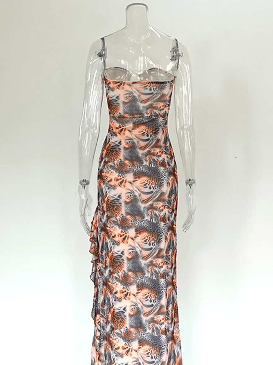 Robe de vacances maxi asymétrique sans manches et bustier sexy à imprimé léopard