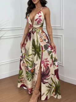 Robe de vacances maxi bleu cyan bohème sexy à découpes et sans manches col en V