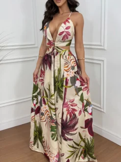 Robe de vacances maxi bleu cyan bohème sexy à découpes et sans manches col en V