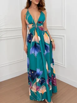 Robe de vacances maxi bleu cyan bohème sexy à découpes et sans manches col en V