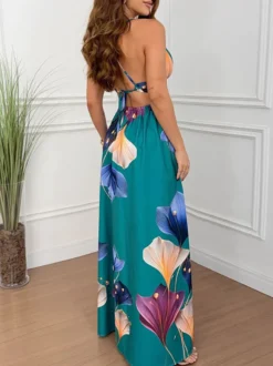 Robe de vacances maxi bleu cyan bohème sexy à découpes et sans manches col en V