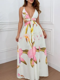 Robe de vacances maxi bleu cyan bohème sexy à découpes et sans manches col en V