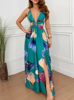 Robe de vacances maxi bleu cyan bohème sexy à découpes et sans manches col en V