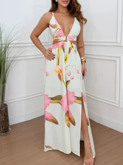 Robe de vacances maxi bleu cyan bohème sexy à découpes et sans manches col en V