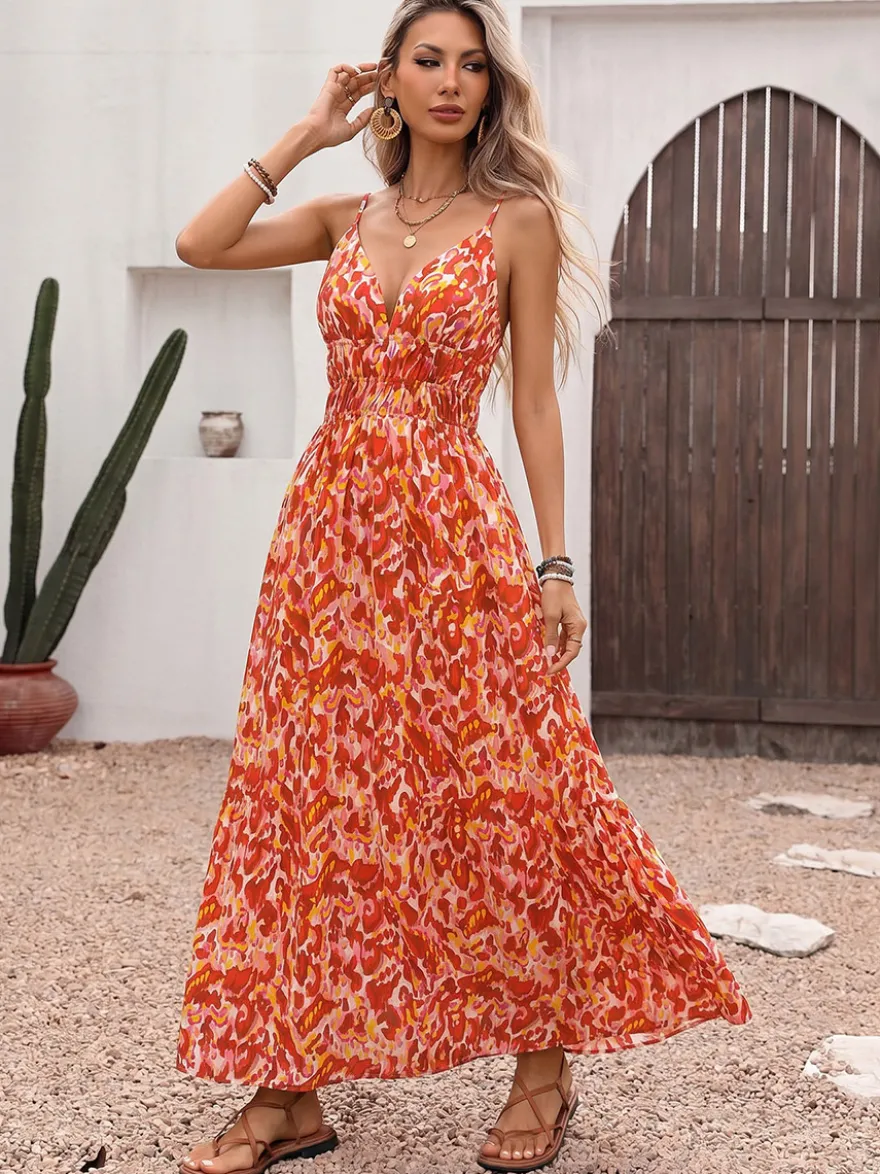 Robe de vacances maxi à bretelles col camisole sans manches style bohème bicolore dos nu imprimé floral
