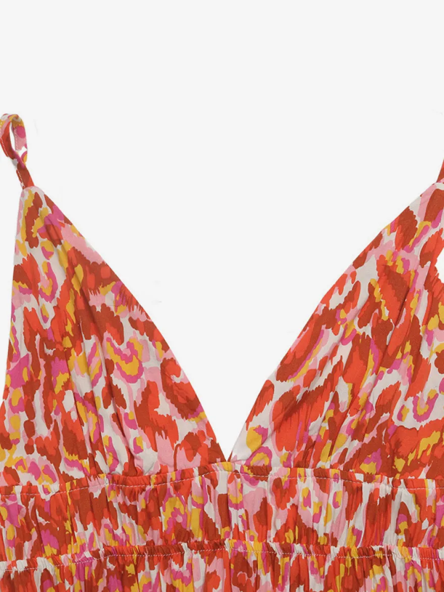 Robe de vacances maxi à bretelles col camisole sans manches style bohème bicolore dos nu imprimé floral