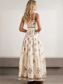 Robe de vacances maxi dos nu brodée sans manches à imprimé floral épaules dénudées style rétro
