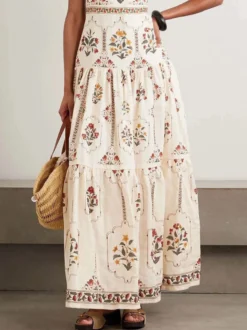 Robe de vacances maxi dos nu brodée sans manches à imprimé floral épaules dénudées style rétro