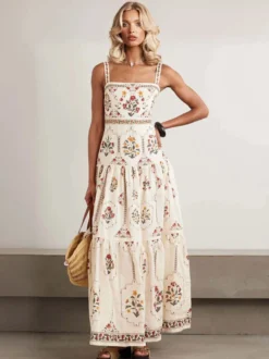 Robe de vacances maxi dos nu brodée sans manches à imprimé floral épaules dénudées style rétro