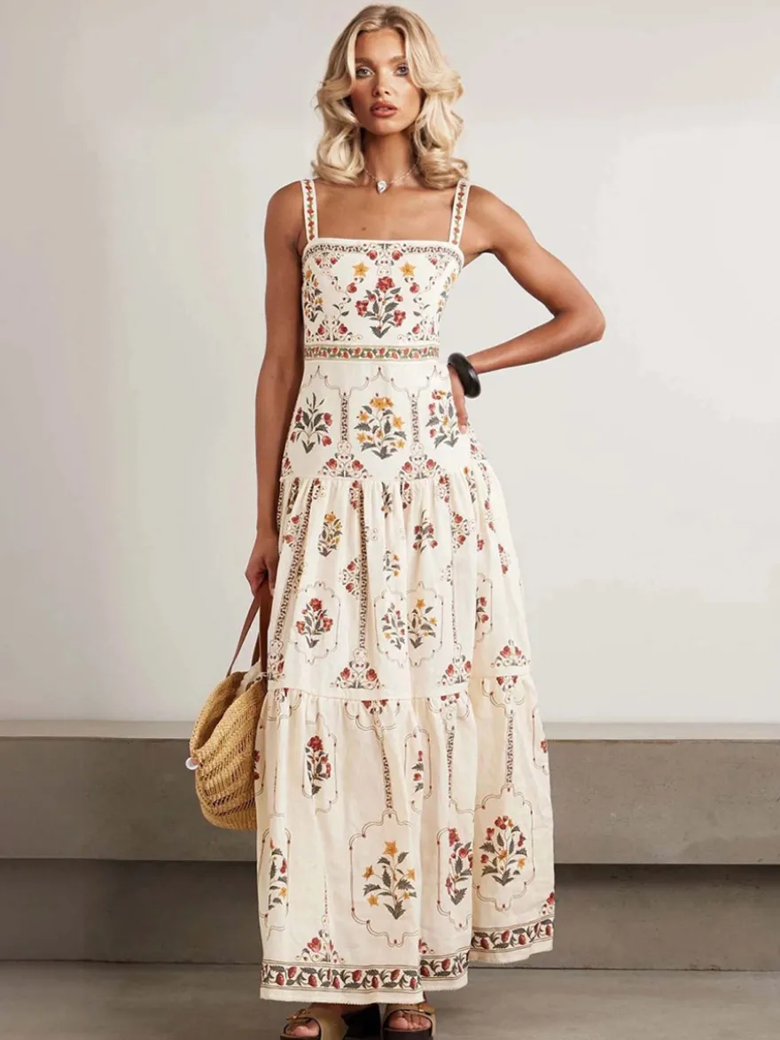 Robe de vacances maxi dos nu brodée sans manches à imprimé floral épaules dénudées style rétro