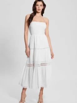 Robe de vacances maxi dos nu en dentelle sans manches col halter blanche décontractée