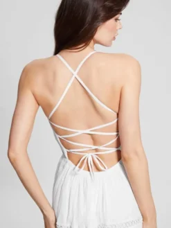 Robe de vacances maxi dos nu en dentelle sans manches col halter blanche décontractée