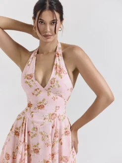 Robe de vacances maxi dos nu à fleurs lacée sans manches imprimé floral dos nu rose poudré