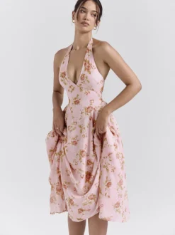 Robe de vacances maxi dos nu à fleurs lacée sans manches imprimé floral dos nu rose poudré