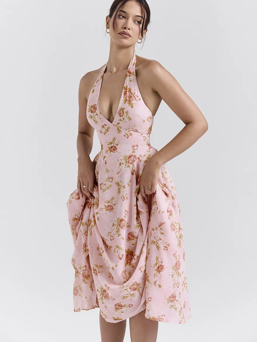 Robe de vacances maxi dos nu à fleurs lacée sans manches imprimé floral dos nu rose poudré
