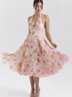 Robe de vacances maxi dos nu à fleurs lacée sans manches imprimé floral dos nu rose poudré