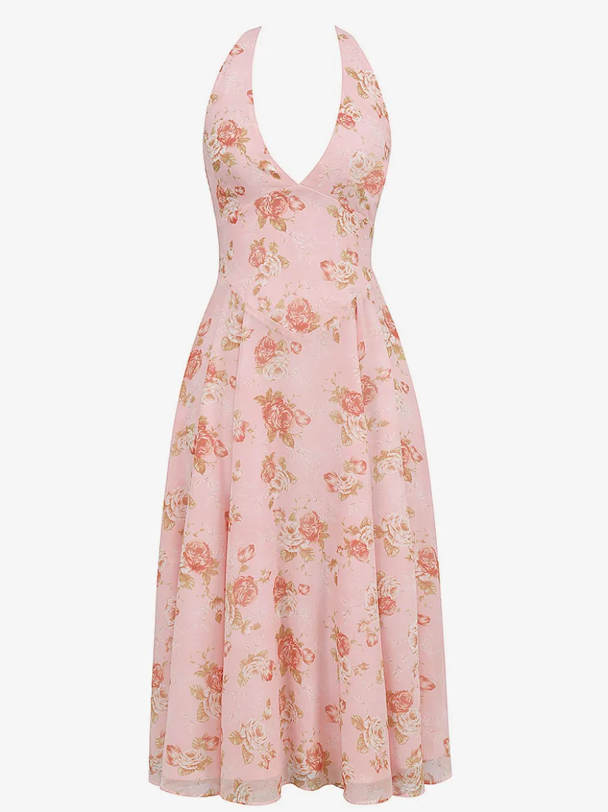 Robe de vacances maxi dos nu à fleurs lacée sans manches imprimé floral dos nu rose poudré
