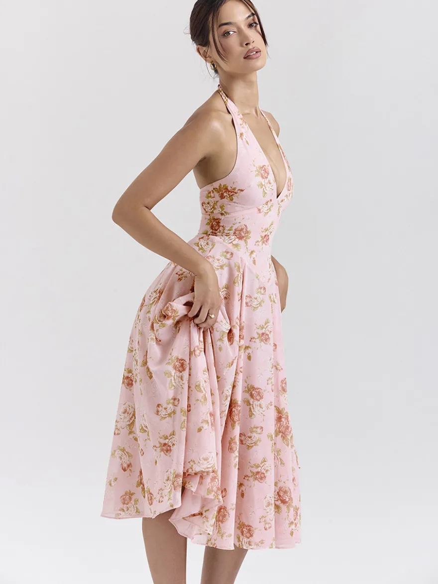 Robe de vacances maxi dos nu à fleurs lacée sans manches imprimé floral dos nu rose poudré