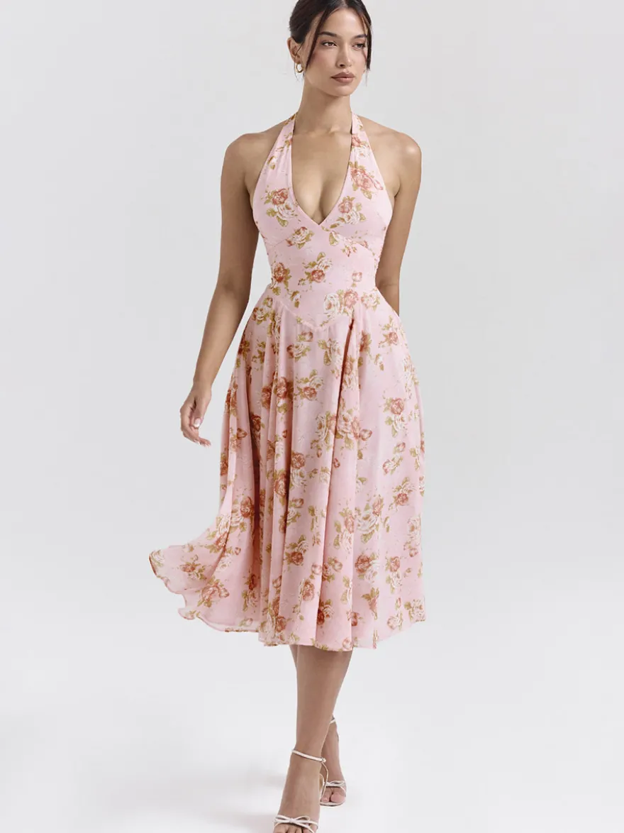 Robe de vacances maxi dos nu à fleurs lacée sans manches imprimé floral dos nu rose poudré