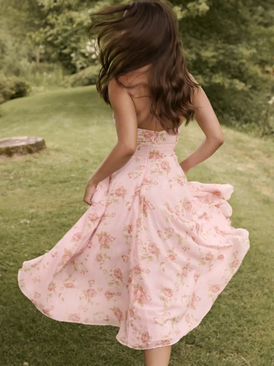 Robe de vacances maxi dos nu à fleurs lacée sans manches imprimé floral dos nu rose poudré