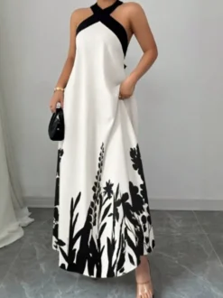 Robe de vacances maxi dos nu à lacets sans manches imprimé floral col halter élégante blanche