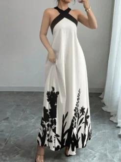 Robe de vacances maxi dos nu à lacets sans manches imprimé floral col halter élégante blanche