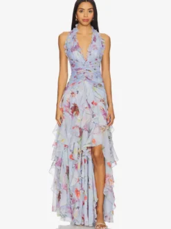 Robe de vacances maxi dos nu lacé plissée sans manches à imprimé floral col V gris clair