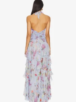 Robe de vacances maxi dos nu lacé plissée sans manches à imprimé floral col V gris clair