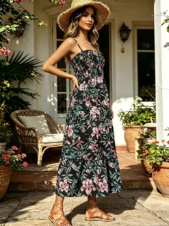 Robe de vacances maxi dos nu plissée sans manches bretelles col chic bleu ciel