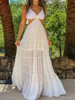 Robe de vacances maxi dos nu sans manches col V robe longue blanche sexy