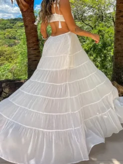 Robe de vacances maxi dos nu sans manches col V robe longue blanche sexy