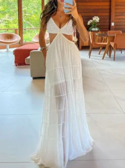 Robe de vacances maxi dos nu sans manches col V robe longue blanche sexy