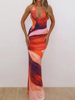 Robe de vacances maxi dos nu sans manches à lacets et col en U robe orange chic