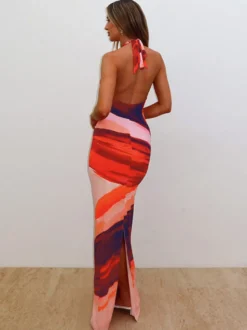 Robe de vacances maxi dos nu sans manches à lacets et col en U robe orange chic