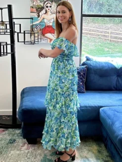 Robe de vacances maxi dos nu à volants plissée à imprimé floral épaules dénudées
