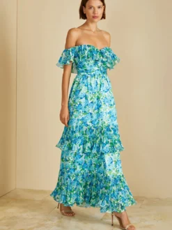 Robe de vacances maxi dos nu à volants plissée à imprimé floral épaules dénudées
